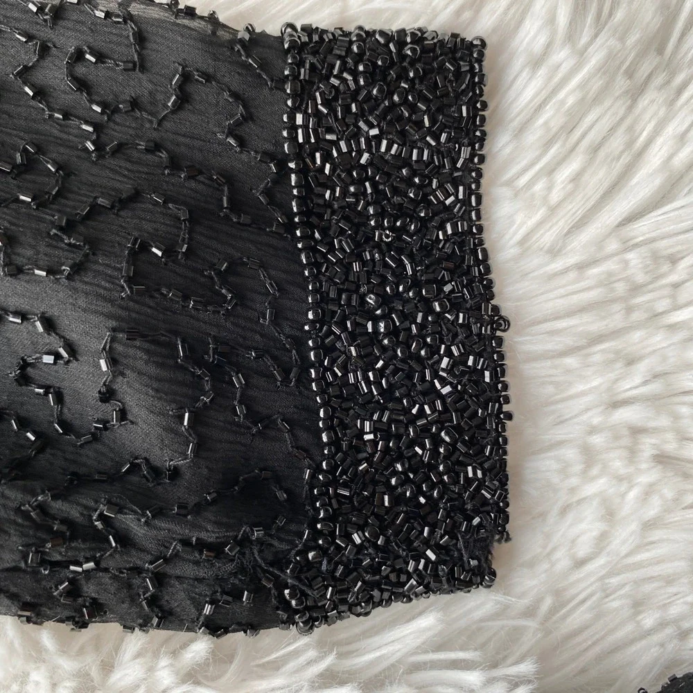 STENAY Vintage Beaded Silk Evening Jacket Black Sequin Formal Tie Front M